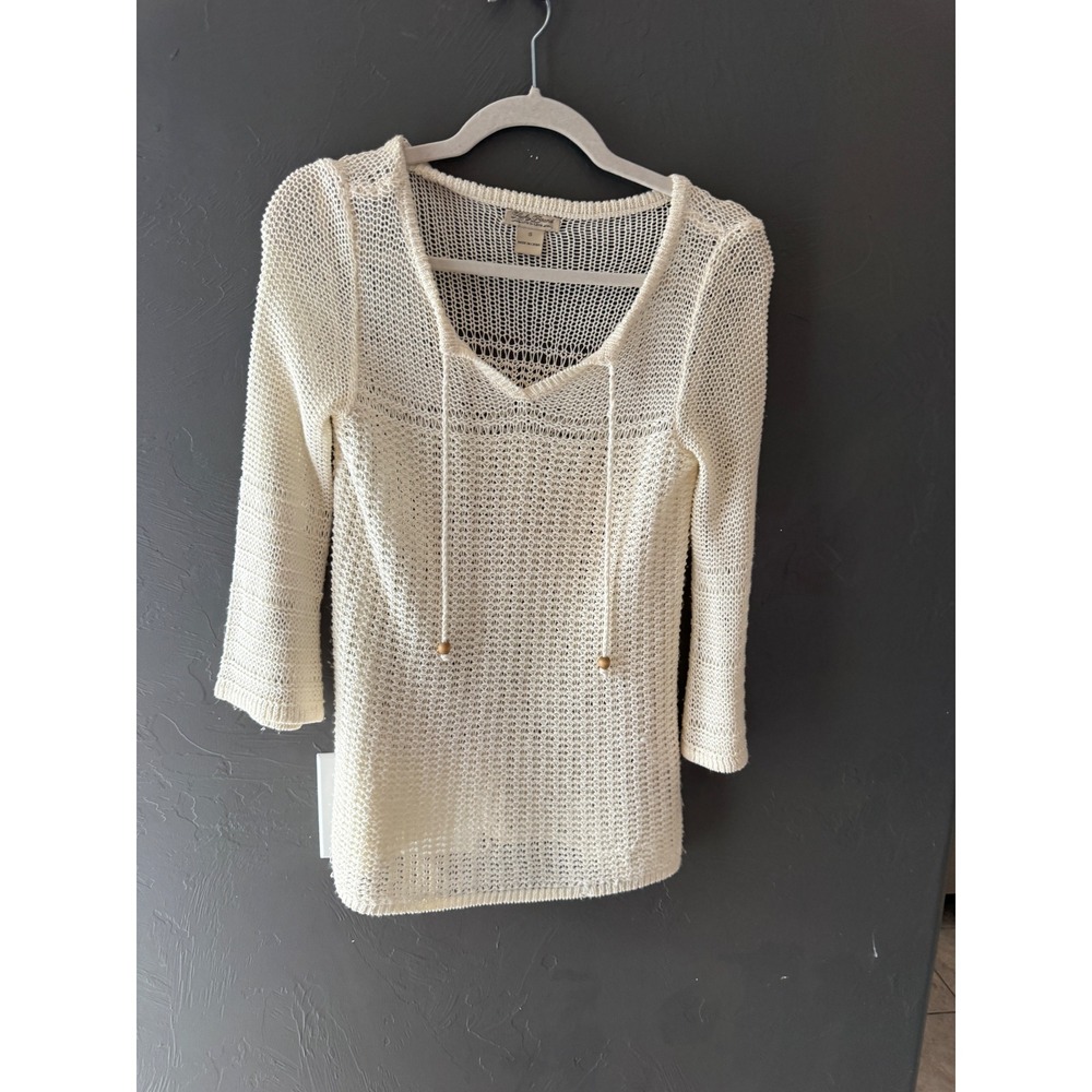 Lucky Brand Womens Cream Open Knit V-Neck Sweater 3/4 Sleeve Boho Wood Bead S